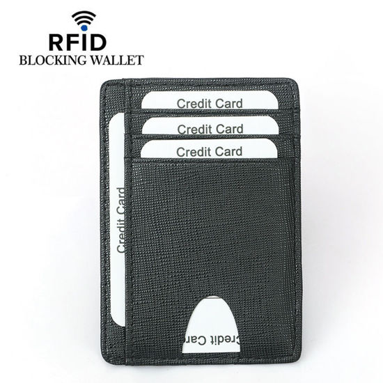 Picture of Slim Wallet RFID Front Pocket Wallet Minimalist Secure Thin Credit Card Holder (Black) Cross Grain