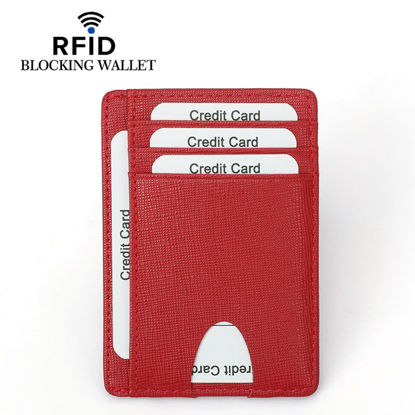 Picture of Slim Wallet RFID Front Pocket Wallet Minimalist Secure Thin Credit Card Holder Red Cross Grain Pattern