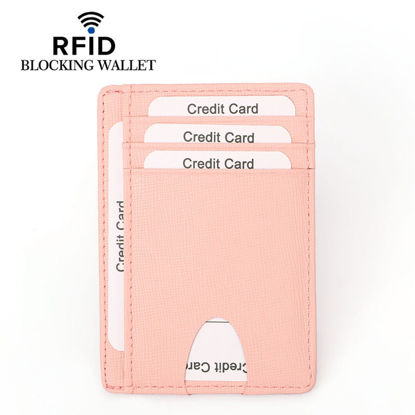 Picture of Slim Wallet RFID Front Pocket Wallet Minimalist Secure Thin Credit Card Holder Pink Cross Grain Pattern