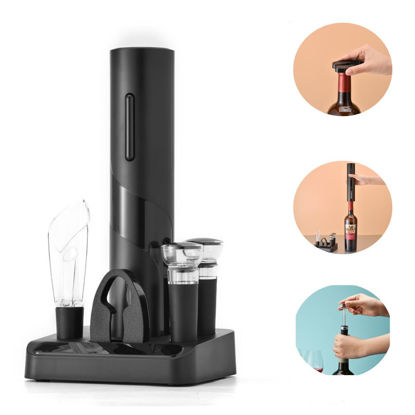 Picture of Wine Opener Automatic Corkscrew with Foil Cutter 2 Vacuum Stopper Aerator Pourer Bottle Opener Battery Operated Gift Set