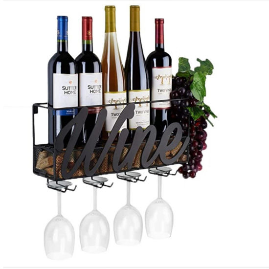 Picture of Wall Mounted Wine Glass Rack Metal Shelf with Glass Holder Cork Storage Wine Champagne Bottle Hanging Rustic Wine Holder