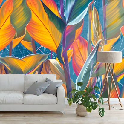 Picture of 3D Mural Wallpaper Viny Self Adhesive Eco Drawn Exotic Tropical Leaves on Concrete Grunge Wall