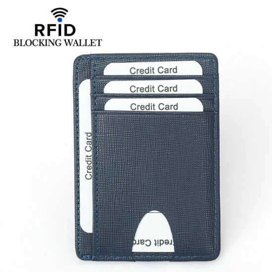 Picture of Slim Wallet RFID Front Pocket Wallet Minimalist Secure Thin Credit Card Holder (Blue) Cross Grain - copy