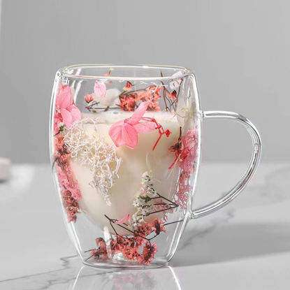 Picture of 2PCS Dry Flowers Double Wall Glass Cup With Handle Heat Resistant Tea Coffee Cup PINK