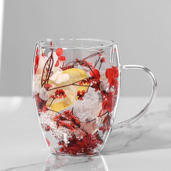 Picture of 2PCS Dry Flowers Double Wall Glass Cup With Handle Heat Resistant Tea Coffee Cup RED