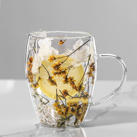 Picture of 2PCS Dry Flowers Double Wall Glass Cup With Handle Heat Resistant Tea Coffee Cup YELLOW