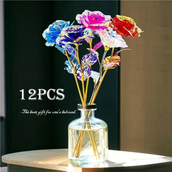 Picture of 12pcs Gold-Plated Foil Rose Artificial Flowers Wedding Decoration Faux Flowers Mix Colors