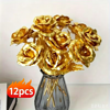 Picture of 12pcs Gold-Plated Foil Rose Artificial Flowers Wedding Decoration Faux Flowers Gold Color