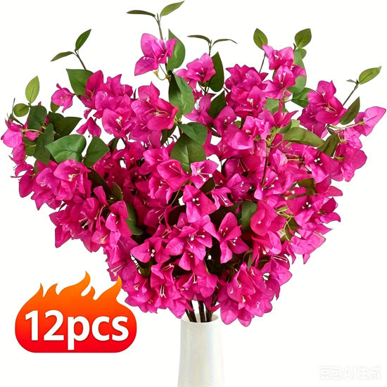 Picture of 12pcs Artificial Bougainvillea Flowers Silk Floral Stems Hanging Bougainvillea Vines for Wedding & Home Decoration, Table and Vase Decor