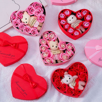 Picture of Romantic Artificial Roses Flower Gift Box with Cute Teddy Bear Heart-Shaped Red/Pink Birthday Gift