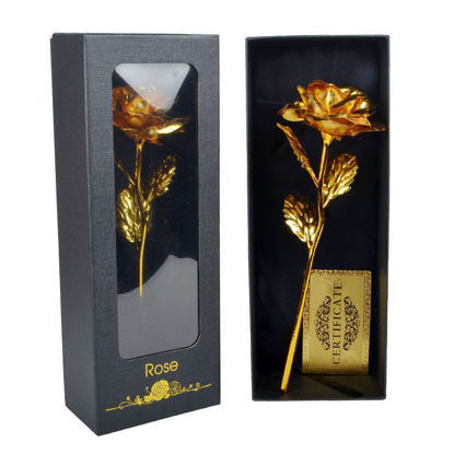 Picture of Artificial Rose Flower with Clear Window Gift Box Valentine Day Gift Birthday Party Wedding Decor Present Red/Gold