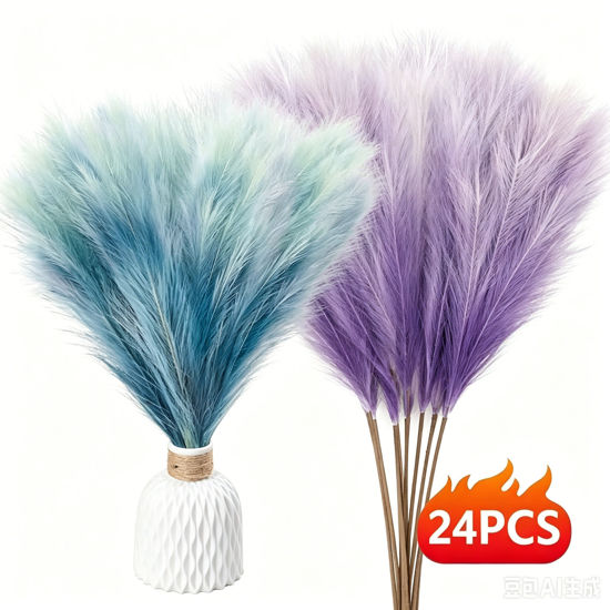 Picture of 24pcs 42cm Artificial Pompas Grass Faux Pampas Grass Fake Non-Shedding Fluffy Artificial Flowers for Farmhouse Wedding Party Home Decorations