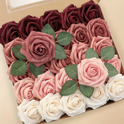 Picture of Artificial Flowers 25pcs Real Looking Burgundy Ombre Colors Foam Fake Roses with Stems for DIY Wedding Bouquets Bridal Shower Centerpieces Floral Arrangements Party Tables Home Decorations